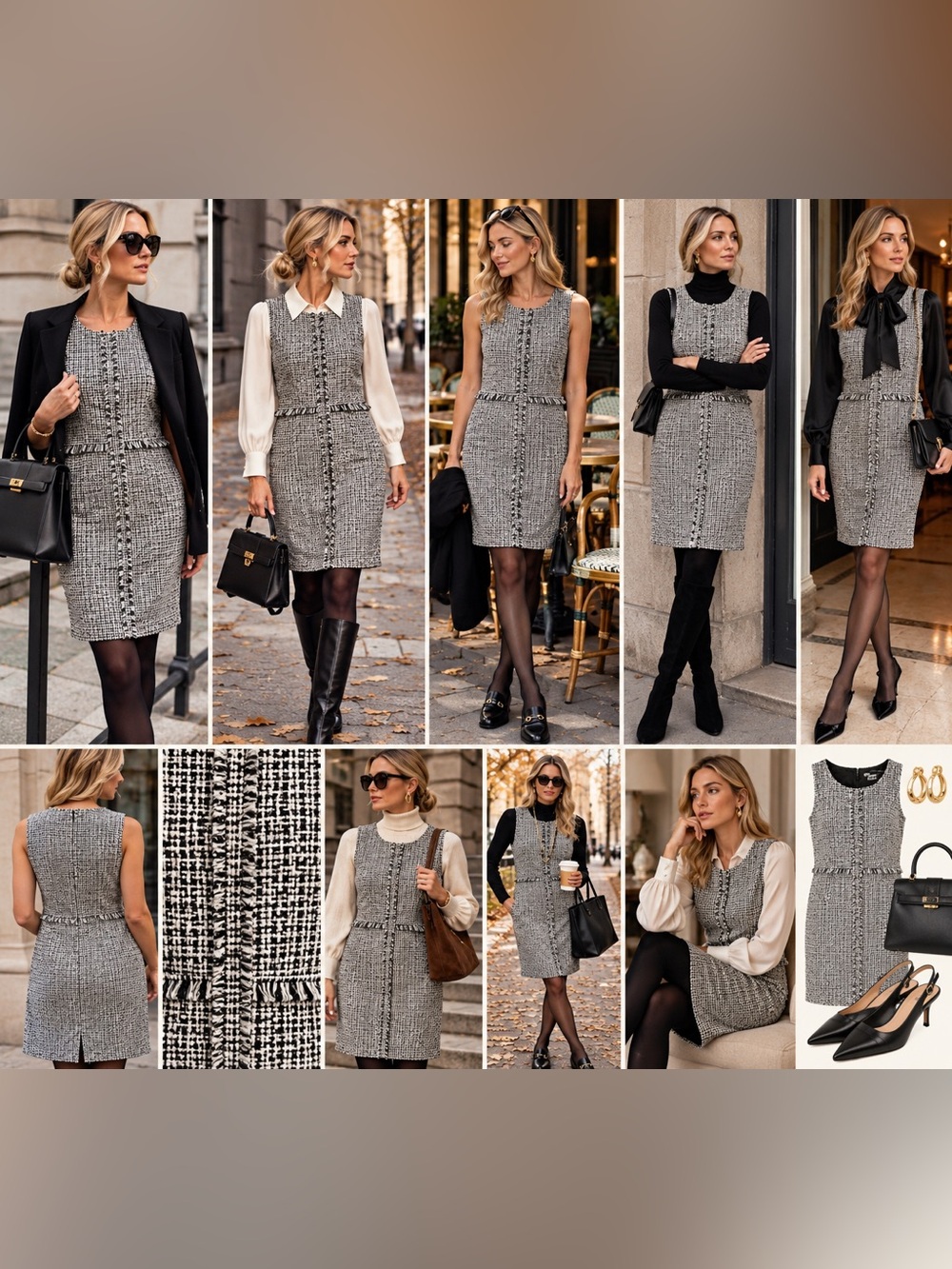 Sleeveless Tweed Sheath Dress in Black & White